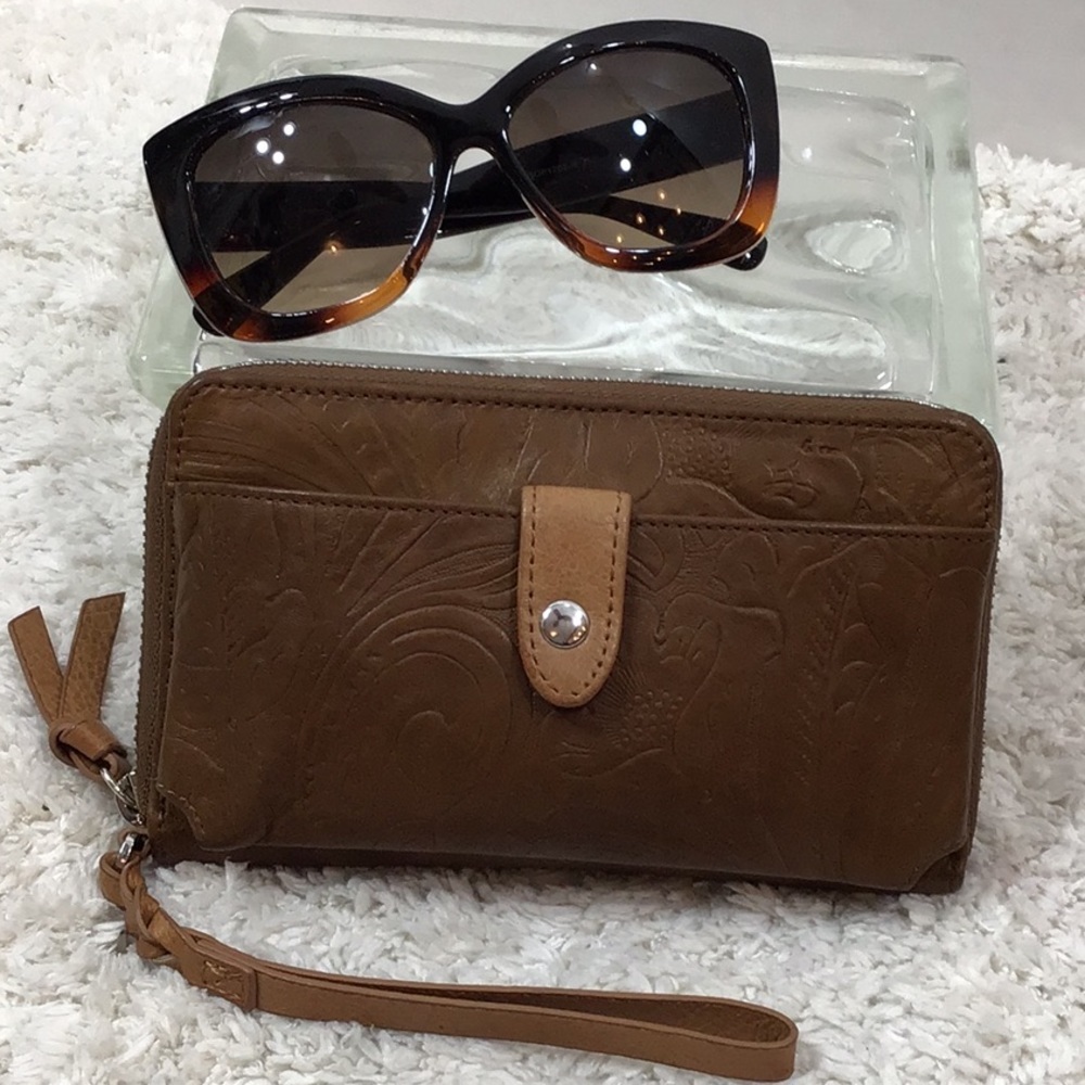 Margot embossed tan leather zip around wristlet